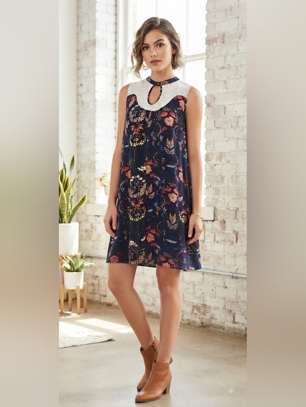 Umgee Lace Trim Mini Dress Blue Floral Sz Small And Large